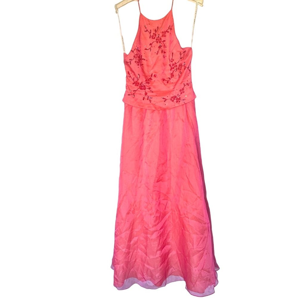 Niki Livas Pink Orange Embroidered Halter Dress With Corset Back Sz 6 Ball Gown